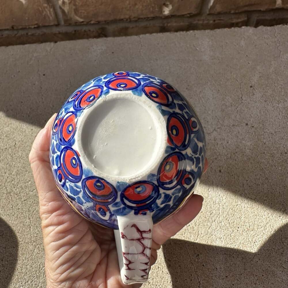 Anthropologie Habari Aztec Printed Ceramic Glossy Coffee Mug Set/2 Blue Orange - Picture 7 of 9